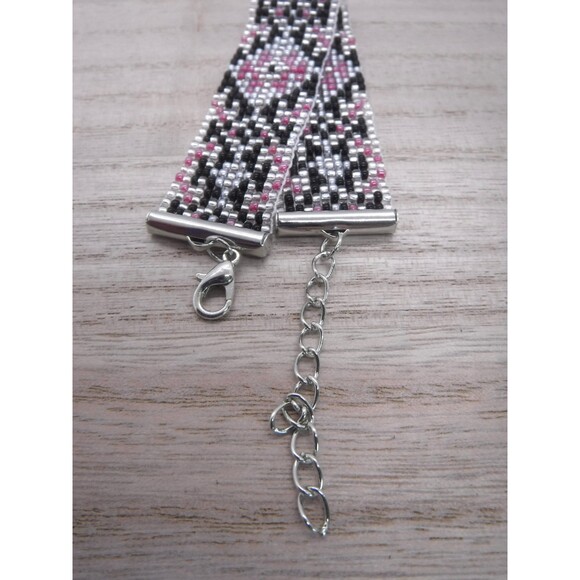 Loom Beaded Bracelet Black, Pink & Silver - Picture 5 of 5